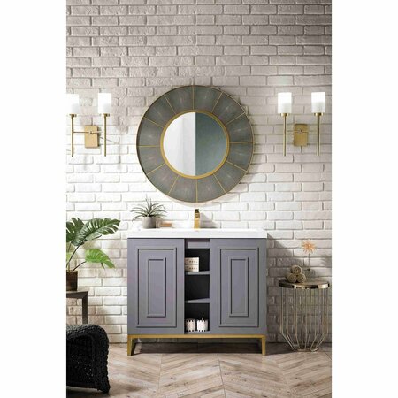 James Martin Vanities Alicante 39.5in Single Vanity, Gray Smoke, Radiant Gold w/ White Glossy Composite Stone Top E110V39.5GSMRGDWG